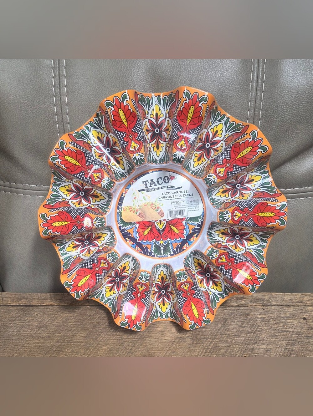 Prepara 12" Taco Carousel Melamine Tray - Colorful Spanish Mosaic Floral Bin 1G
